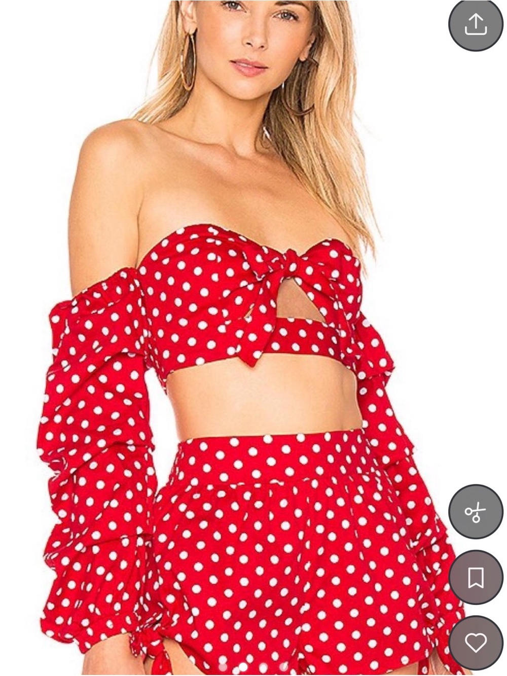 MAJORELLE Red Polka Dot Off-Shoulder Tie-Front Crop Top